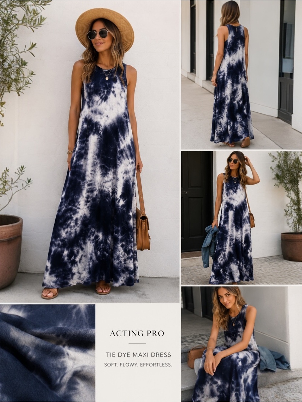 Acting Pro Tie Dye Maxi Dress Small Navy White Sleeveless Rayon USA Made